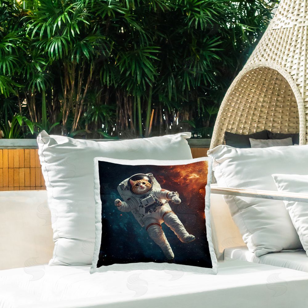 Jim Baldwin Interstellar Cat Astronaut Square Printed Throw Pillow on Patio
