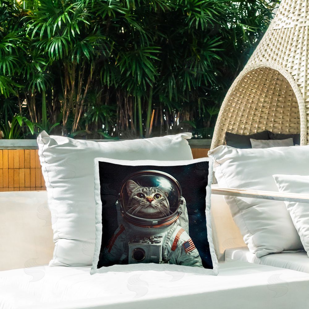 Jim Baldwin Catstronaut Cat Astronaut Square Printed Throw Pillow on Patio