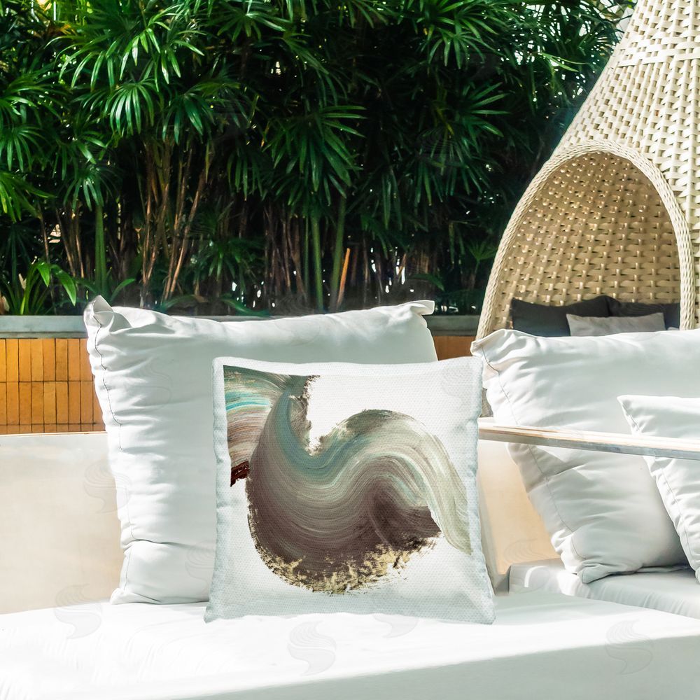 PI Studio Teal & Taupe Swirl Movement Outdoor Quick-Dry Polyester Printed Square Pillow on Patio