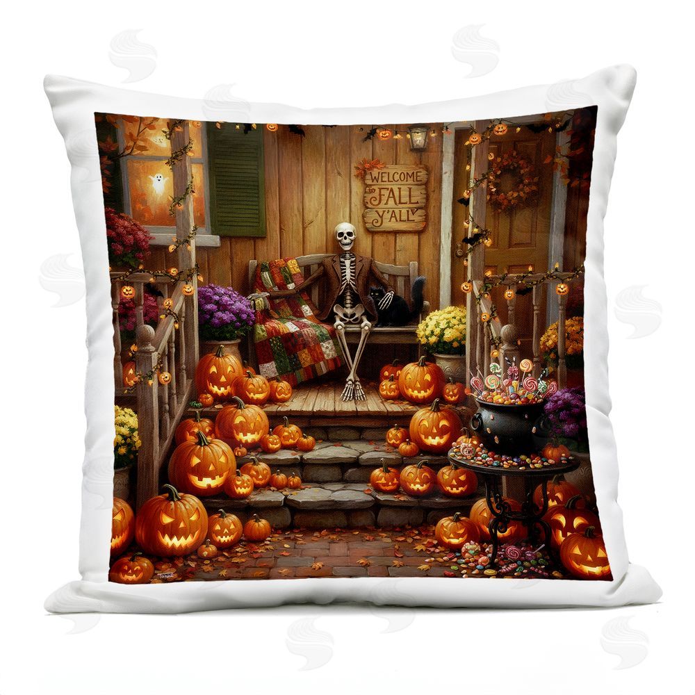 Tabz Jones Welcome To Fall Skeleton Porch Outdoor Quick-Dry Polyester Square Throw Pillow