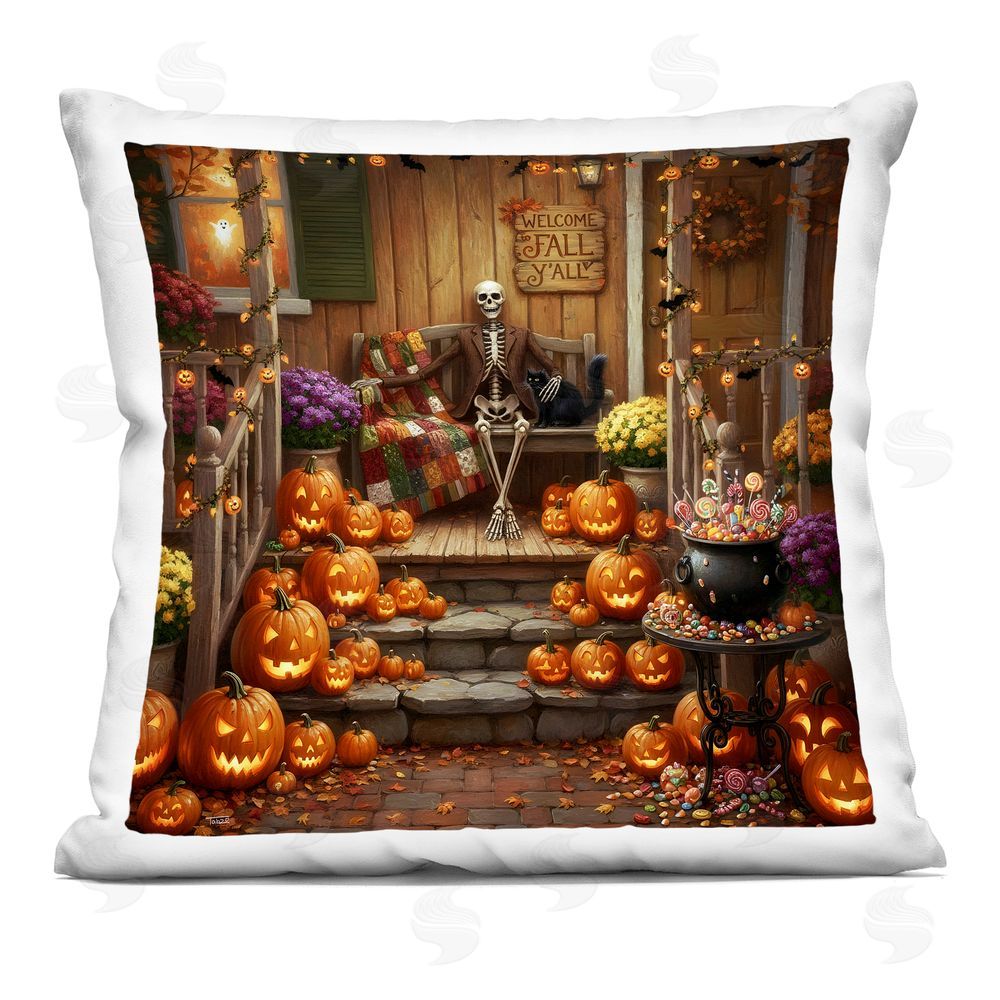 Tabz Jones Welcome To Fall Skeleton Porch Indoor Plush Polyester Square Throw Pillow