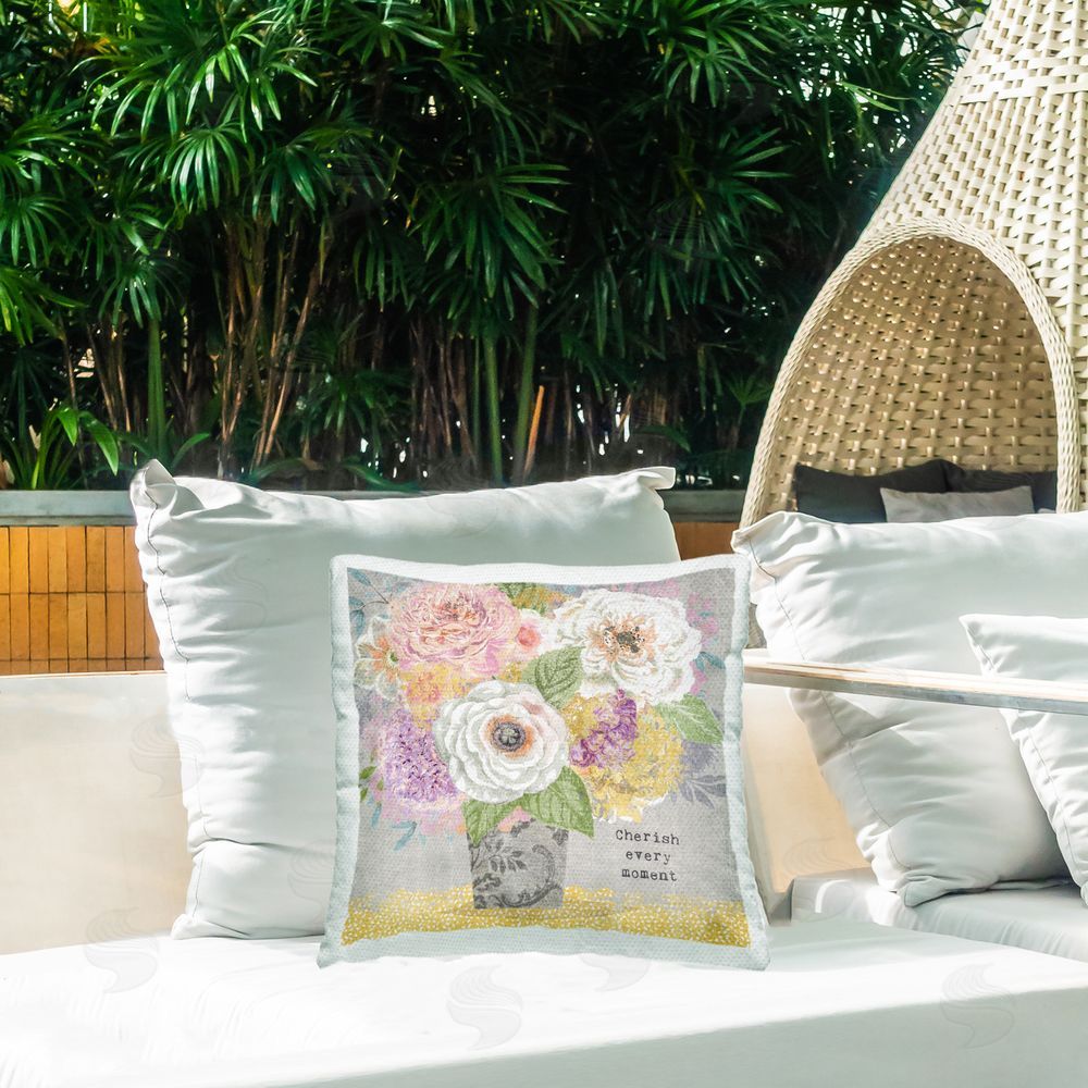 Suzanne Nicoll Cherish Every Moment Inspiration Outdoor Quick-Dry Polyester Printed Square Pillow on Patio