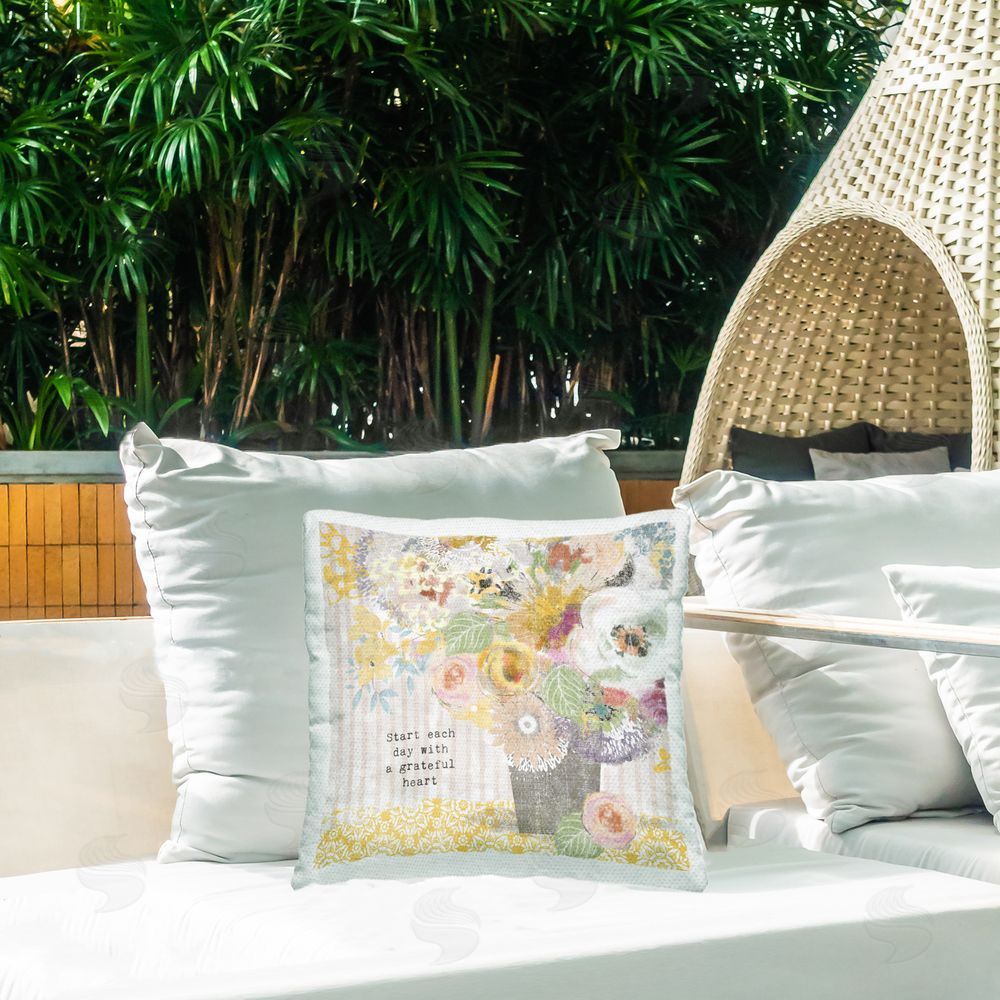 Suzanne Nicoll Floral Inspirations Grateful Heart Outdoor Quick-Dry Polyester Printed Square Pillow on Patio