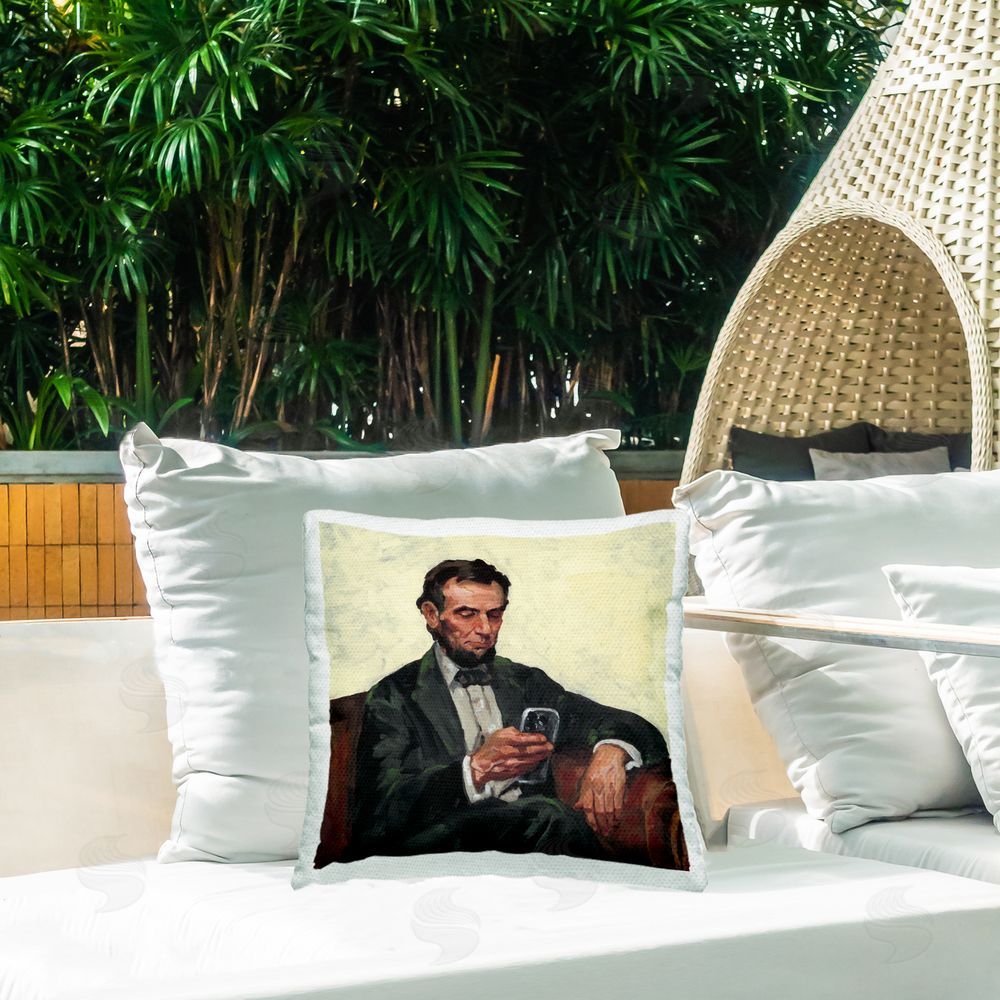 Studio Bautista Abe & Cell Phone Portrait Outdoor Quick-Dry Polyester Printed Square Pillow on Patio