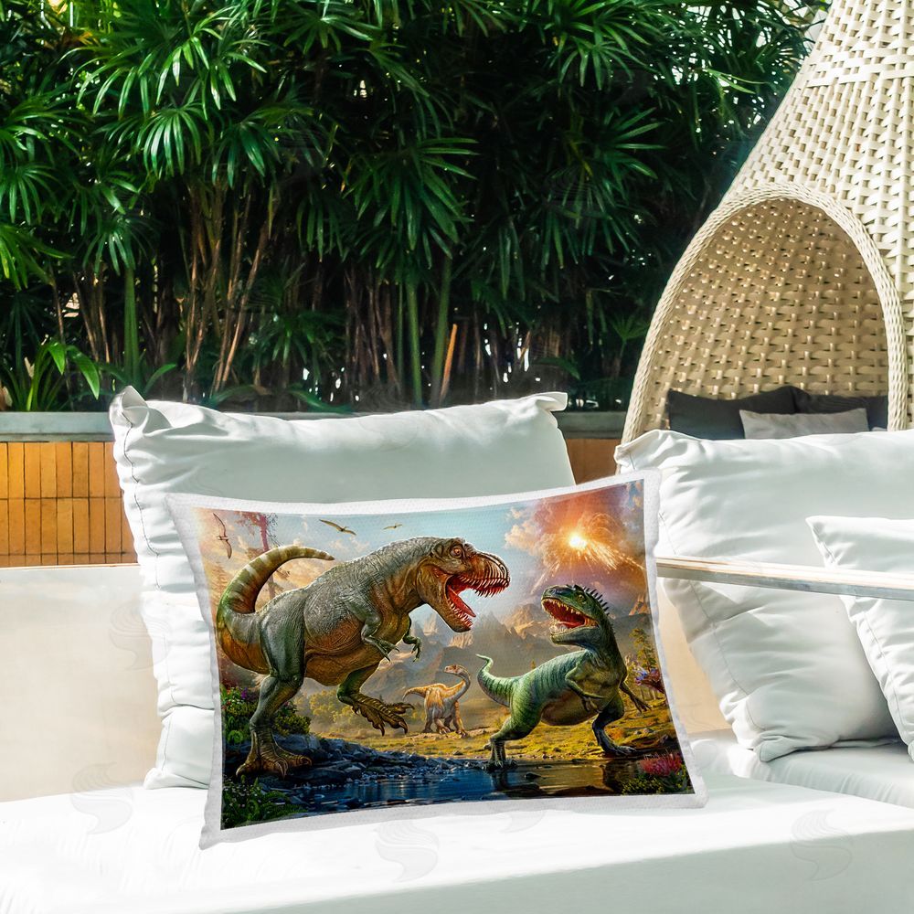 Henriette Chinaglia T-Rex Encounter at Riverbank Outdoor Quick-Dry Polyester Printed Lumbar Pillow on Patio