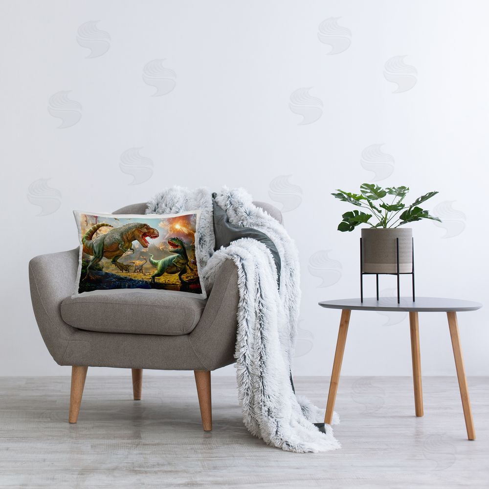 Henriette Chinaglia T-Rex Encounter at Riverbank Plush Polyester Printed Lumbar Pillow on Chair