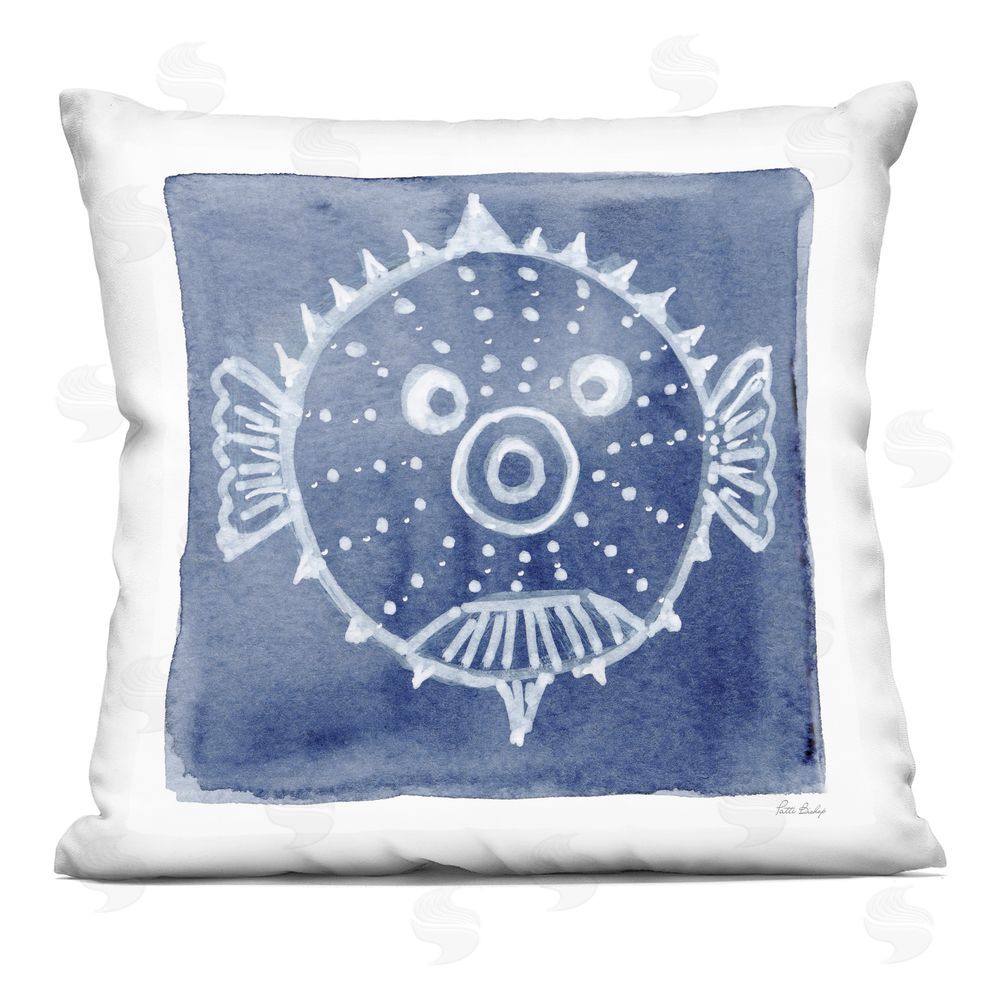 Patti Bishop White Blow Fish on Indigo Indoor Plush Polyester Square Throw Pillow