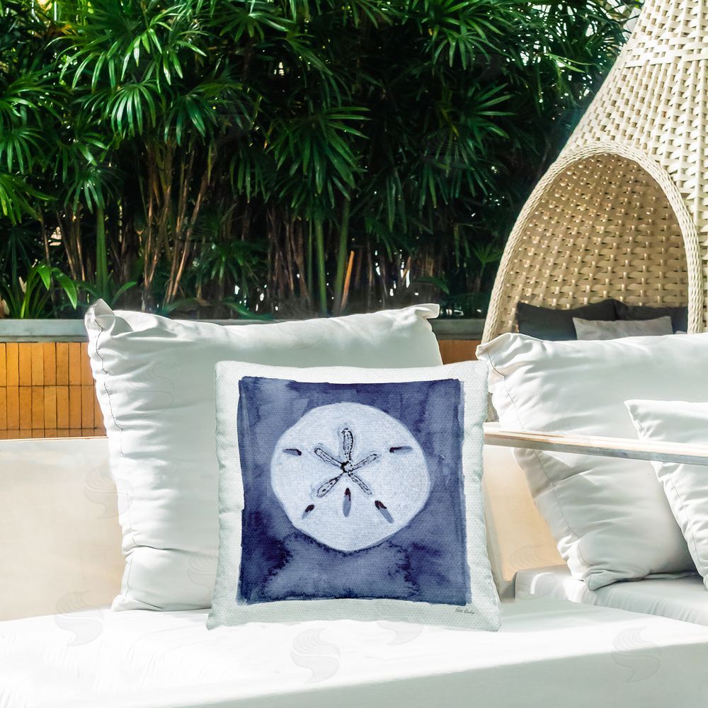 Patti Bishop White Sand Dollar on Indigo Outdoor Quick-Dry Polyester Printed Square Pillow on Patio
