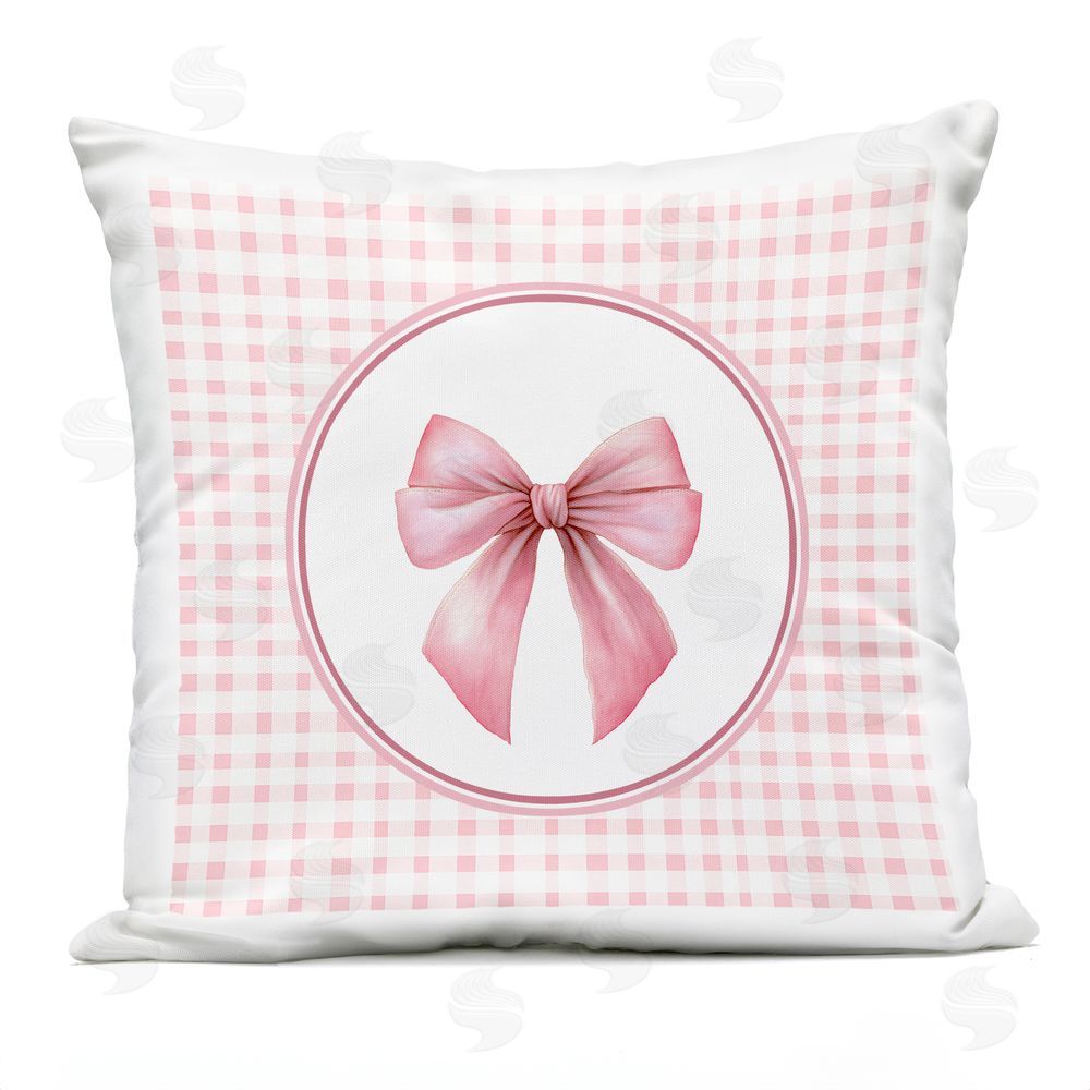 Christine Simpson Art Pink Bow with Circular Gingham Outdoor Quick-Dry Polyester Square Throw Pillow