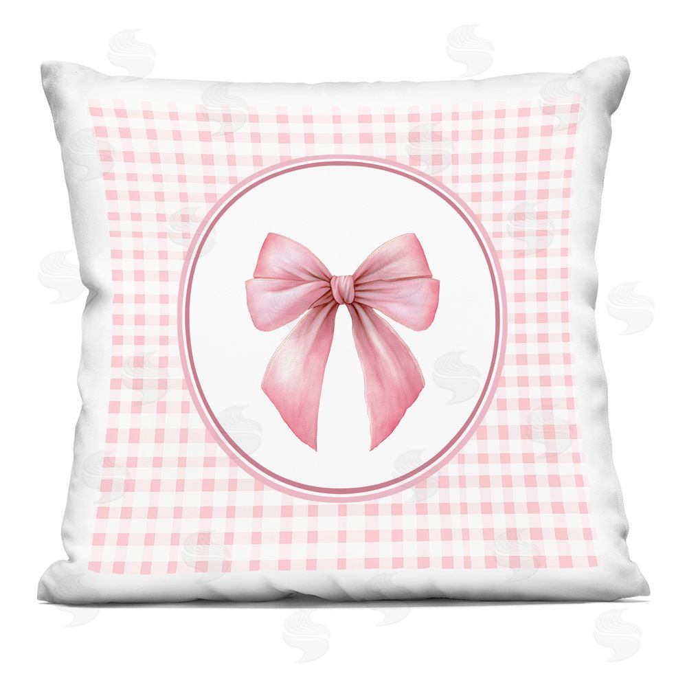 Christine Simpson Art Pink Bow with Circular Gingham Indoor Plush Polyester Square Throw Pillow