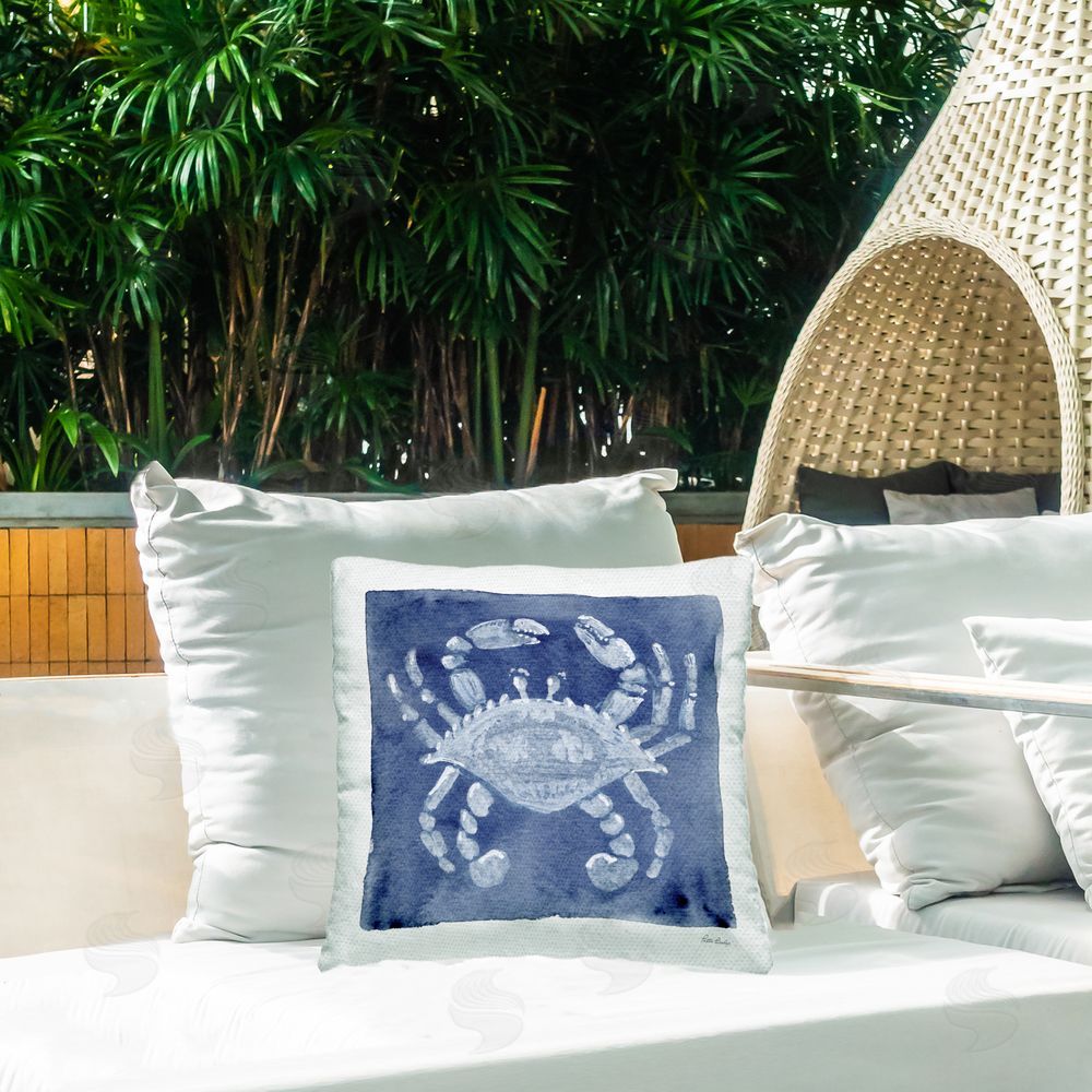 Patti Bishop White Crab on Indigo Outdoor Quick-Dry Polyester Printed Square Pillow on Patio