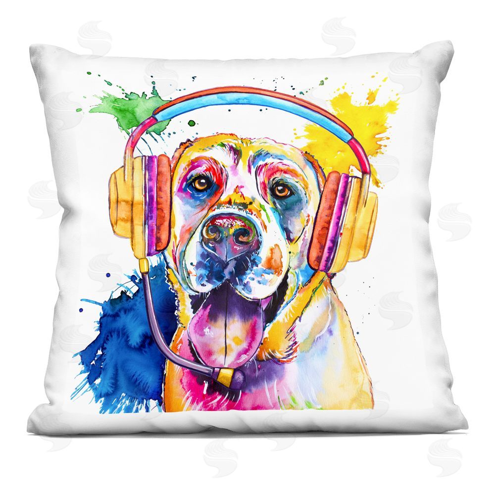 Jennifer Seeley Lab With Gaming Headphones Indoor Plush Polyester Square Throw Pillow