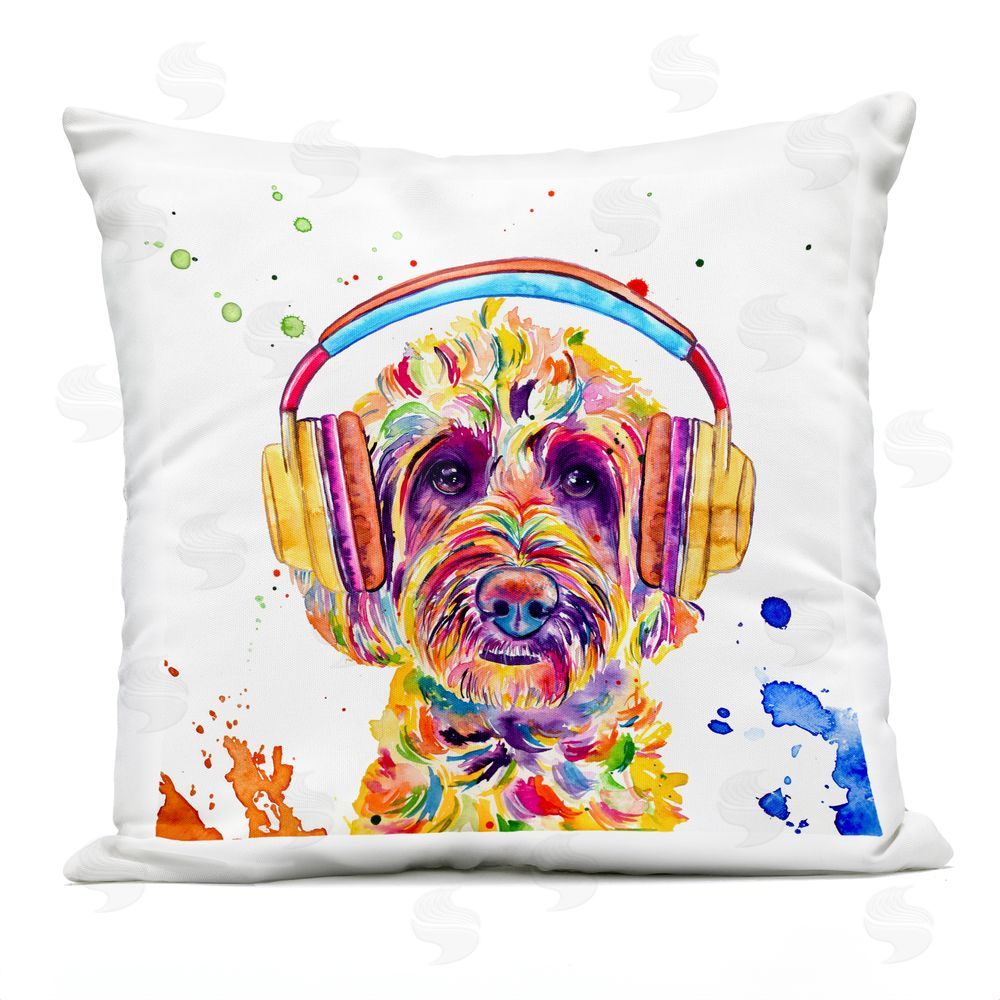 Jennifer Seeley Goldendoodle With Headphones Outdoor Quick-Dry Polyester Square Throw Pillow
