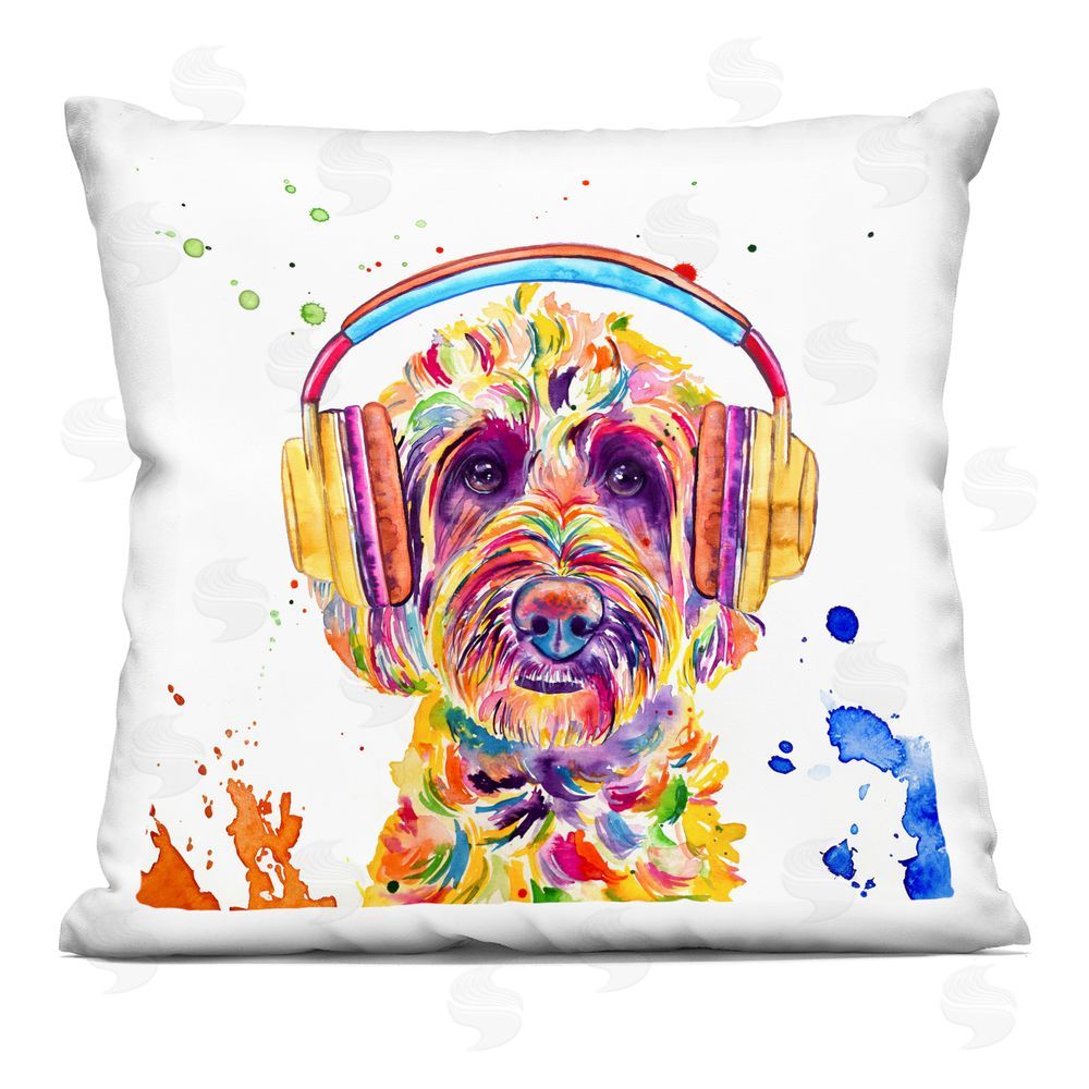 Jennifer Seeley Goldendoodle With Headphones Indoor Plush Polyester Square Throw Pillow