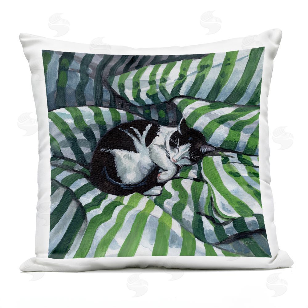 Kate Jarvik Birch Tuxedo Cat Nap on Stripes Outdoor Quick-Dry Polyester Square Throw Pillow