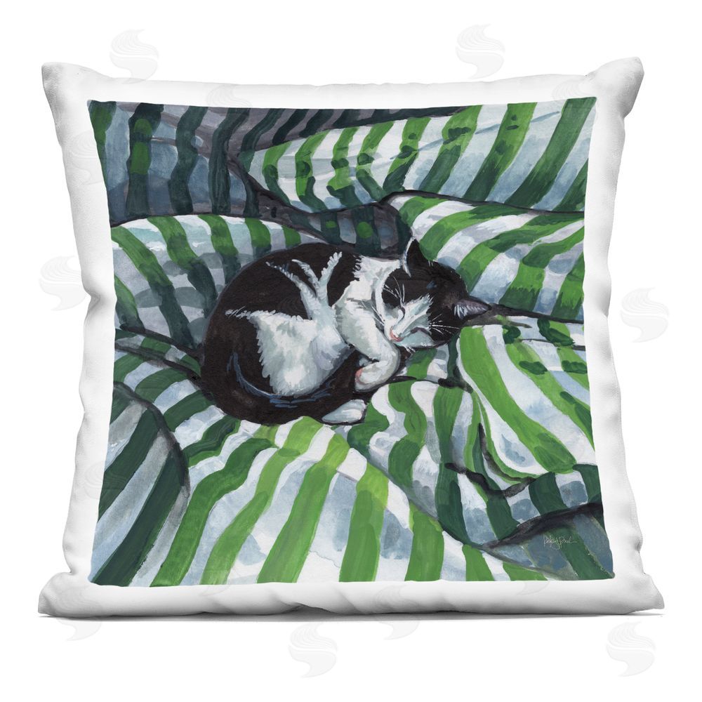 Kate Jarvik Birch Tuxedo Cat Nap on Stripes Indoor Plush Polyester Square Throw Pillow