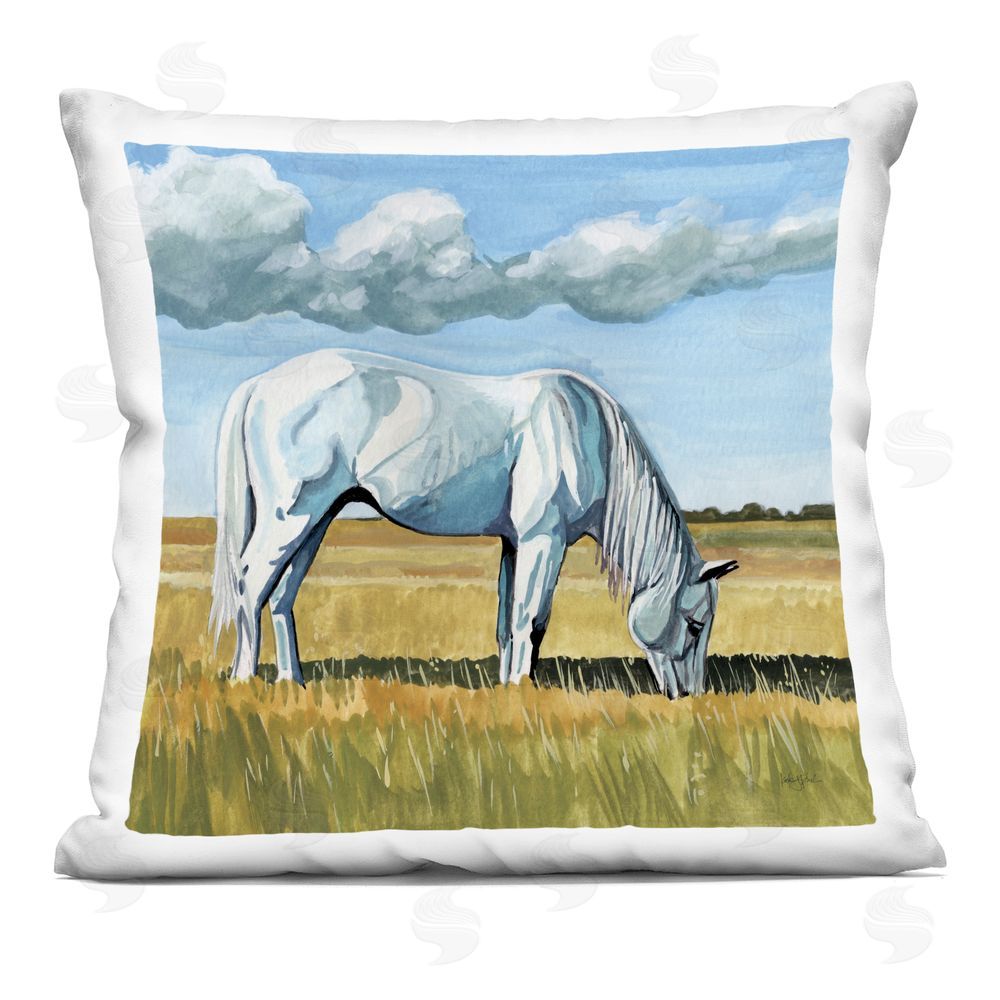 Kate Jarvik Birch White Horse Grazing Beneath Clouds Indoor Plush Polyester Square Throw Pillow