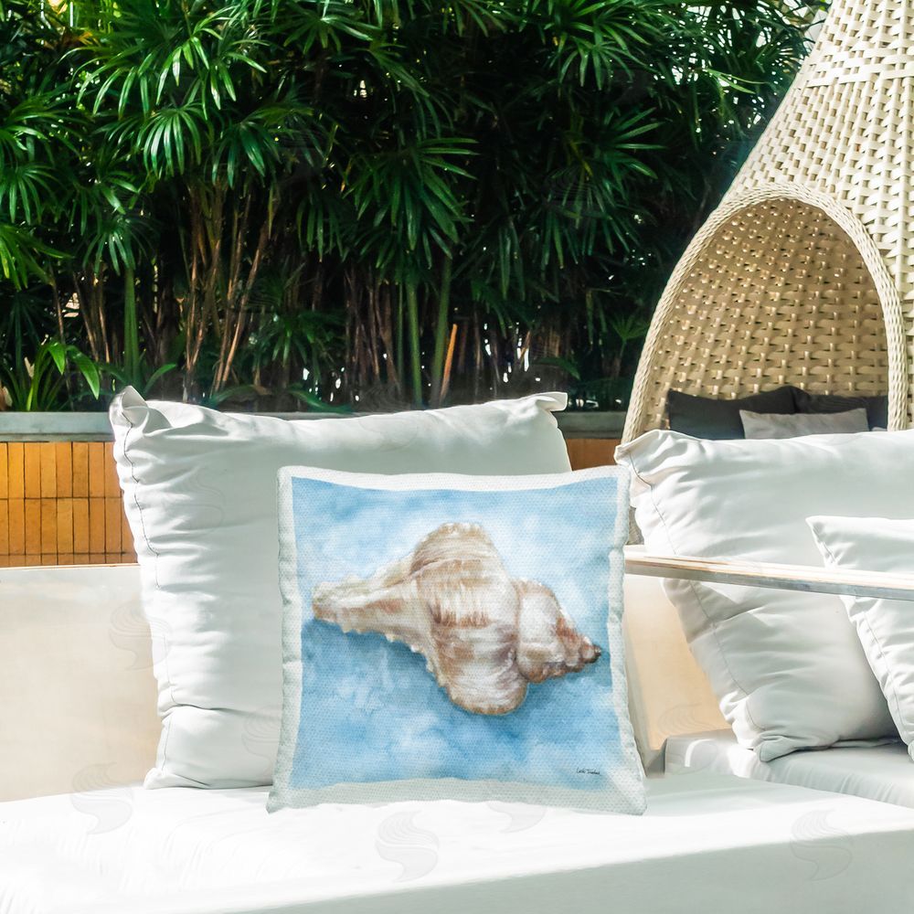 Leslie Trimbach Coastal Calm Conch Outdoor Quick-Dry Polyester Printed Square Pillow on Patio