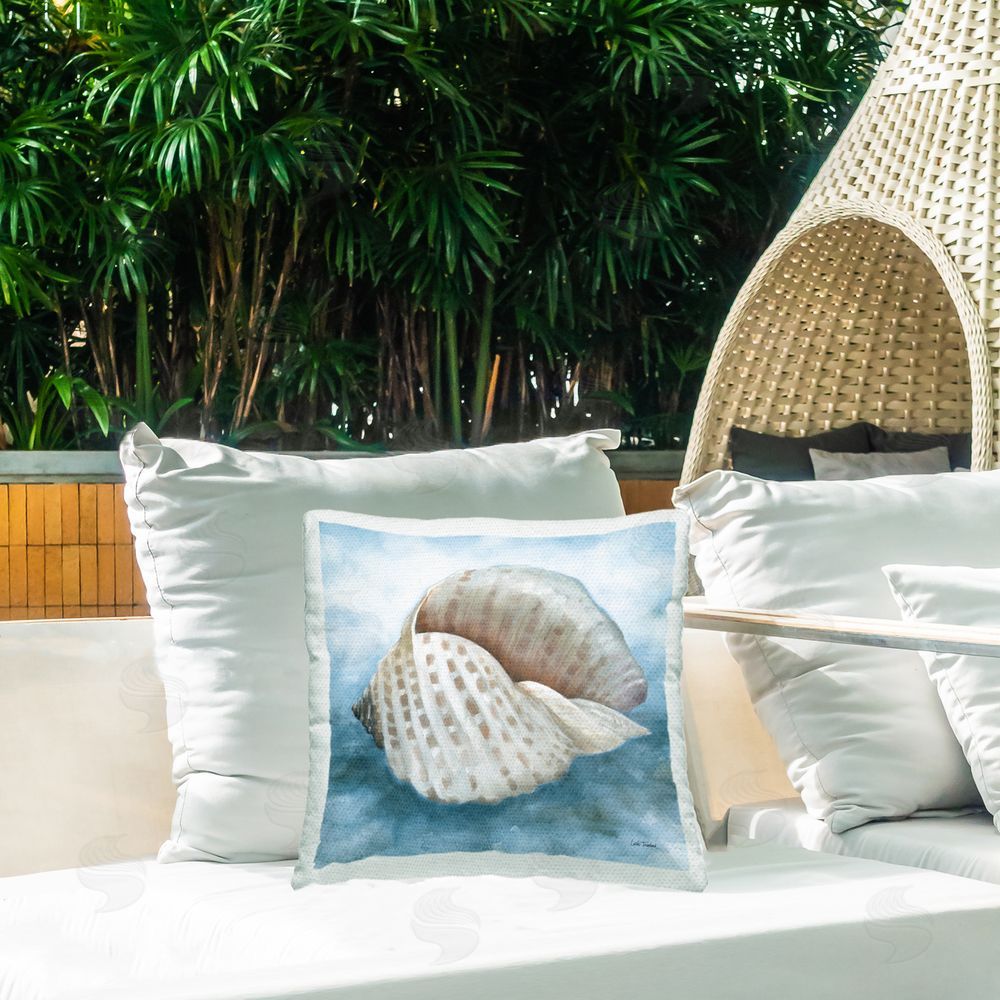 Leslie Trimbach Coastal Calm Spotted Shell Outdoor Quick-Dry Polyester Printed Square Pillow on Patio
