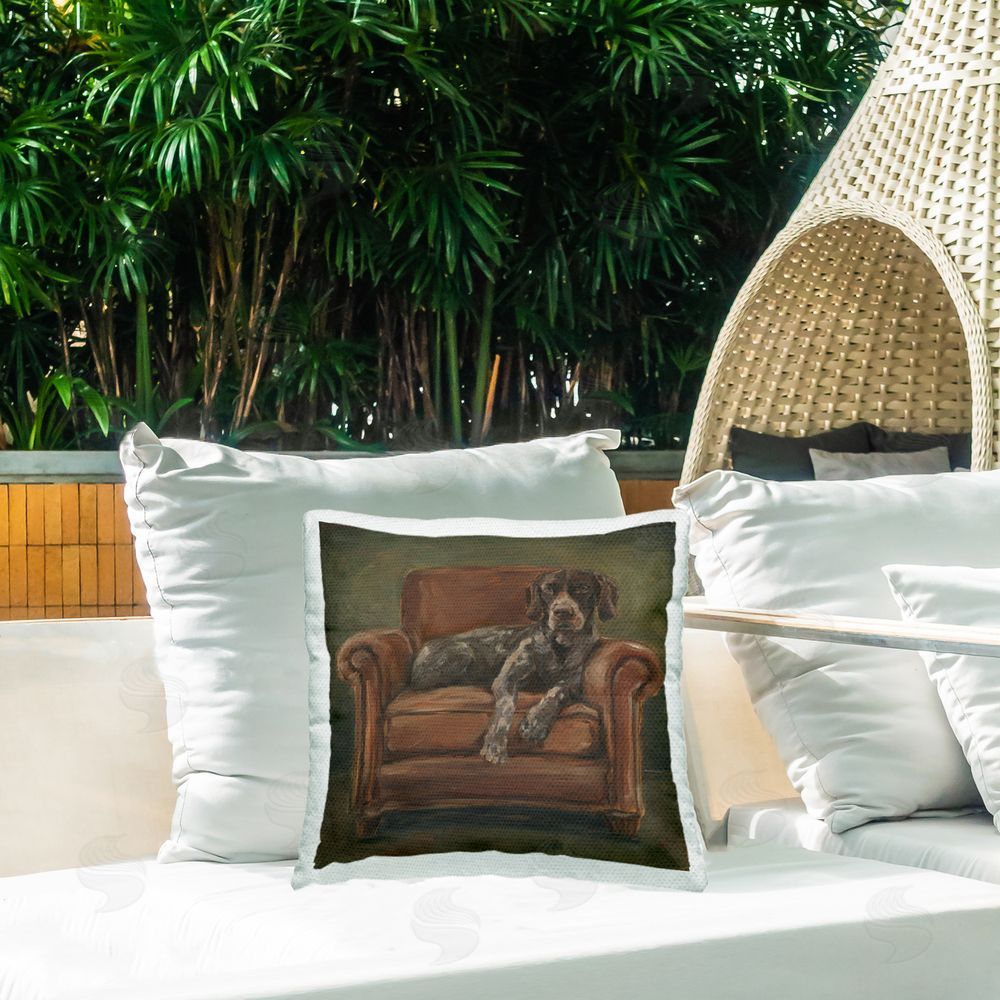 Ethan Harper Relaxed Dog on Leather Sofa Outdoor Quick-Dry Polyester Printed Square Pillow on Patio