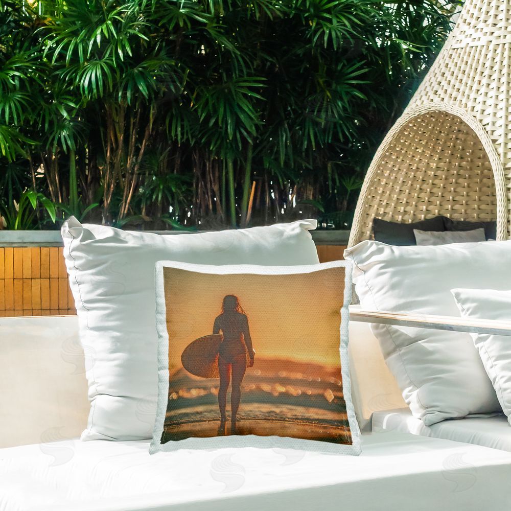 Walker Noble Female Surfer at Sunset Outdoor Quick-Dry Polyester Printed Square Pillow on Patio