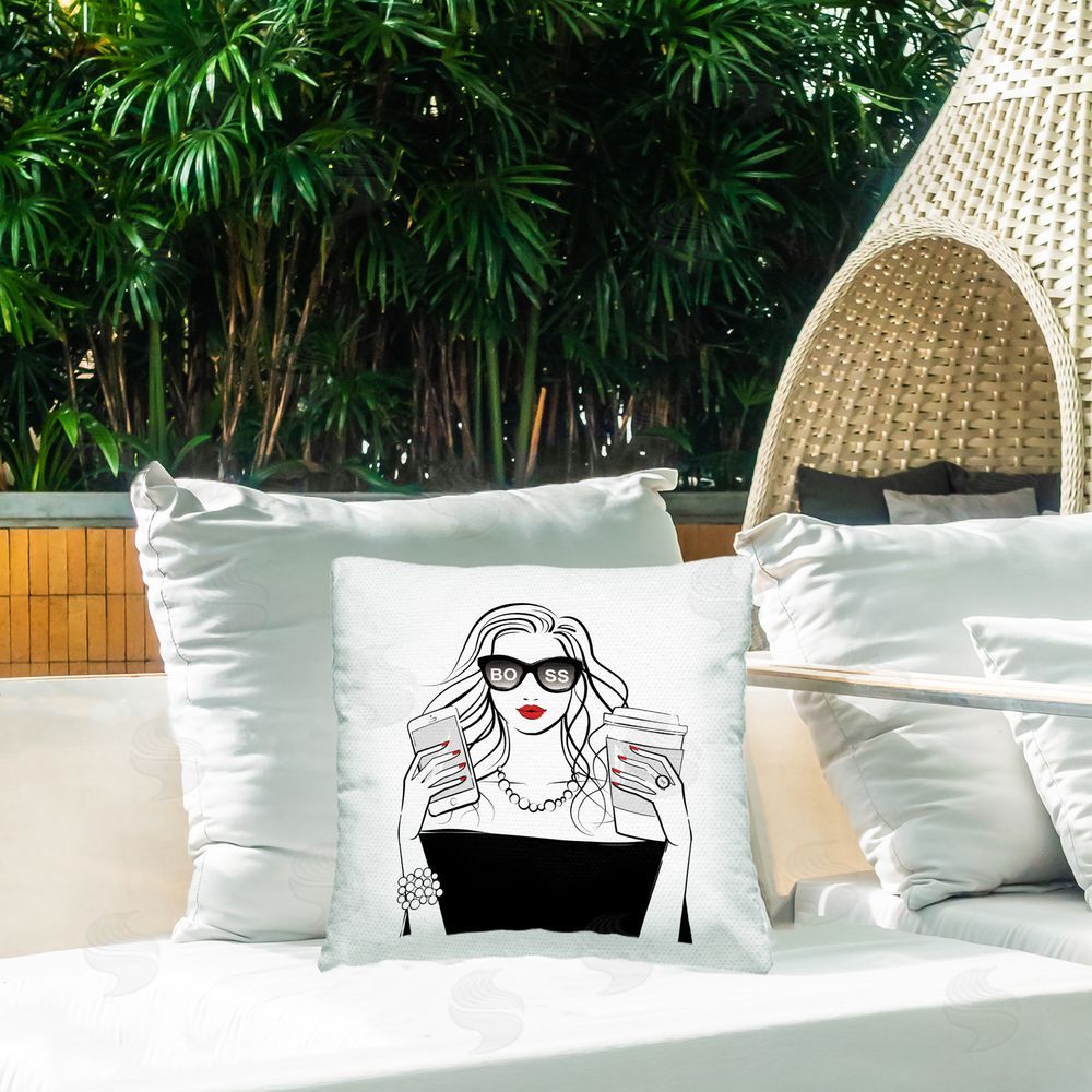 Martina Pavlova Chic Boss Morning Coffee Moment Outdoor Square Printed Throw Pillow on Seat
