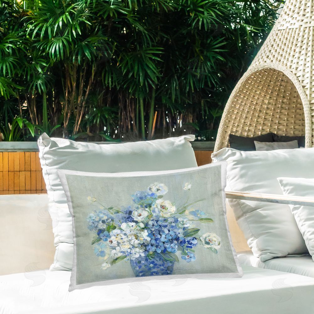Sally Swatland Serene Blue And White Bouquet Outdoor Quick-Dry Polyester Printed Lumbar Pillow on Patio