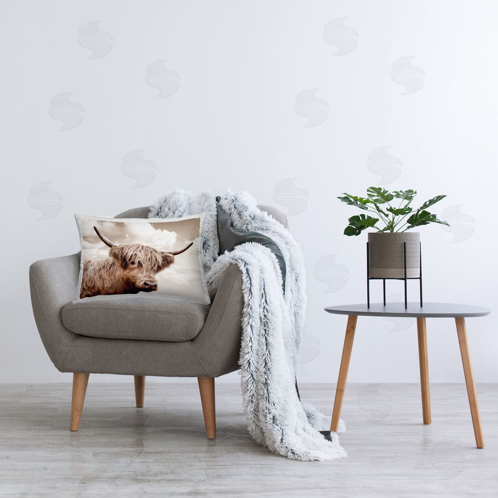 CAD Designs Shaggy Highland Cow & Clouds Plush Polyester Printed Lumbar Pillow on Chair