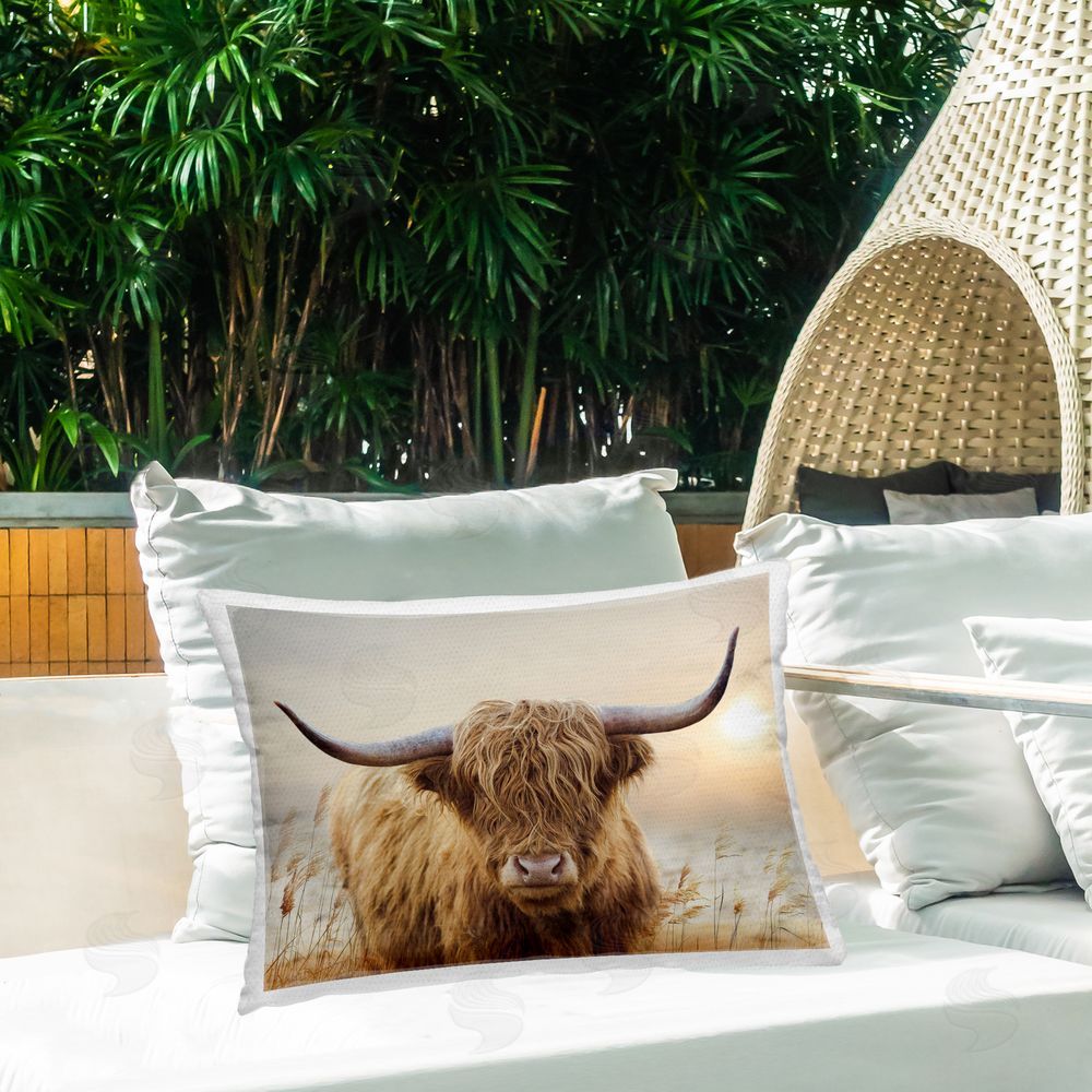 CAD Designs Highland Cow & Warm Sunset Outdoor Quick-Dry Polyester Printed Lumbar Pillow on Patio
