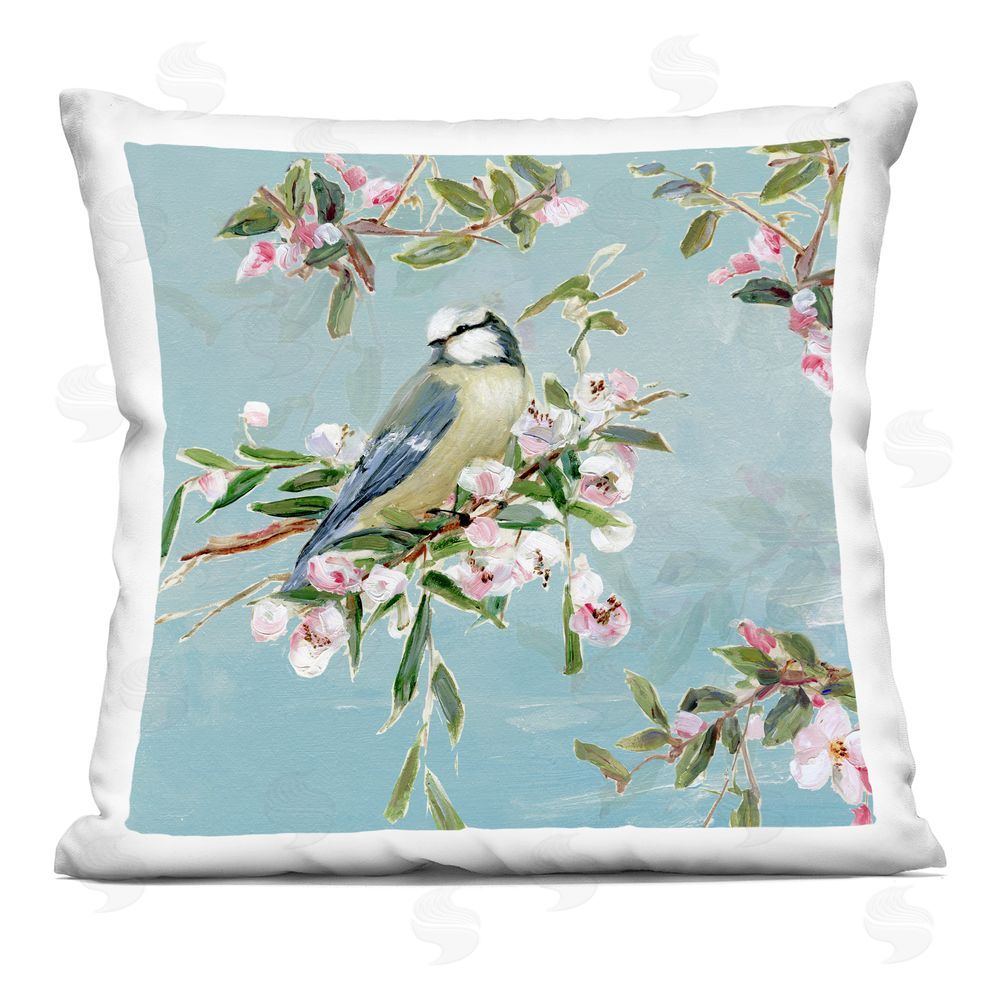 Sally Swatland Songbird Perched on Blooms Indoor Plush Polyester Square Throw Pillow