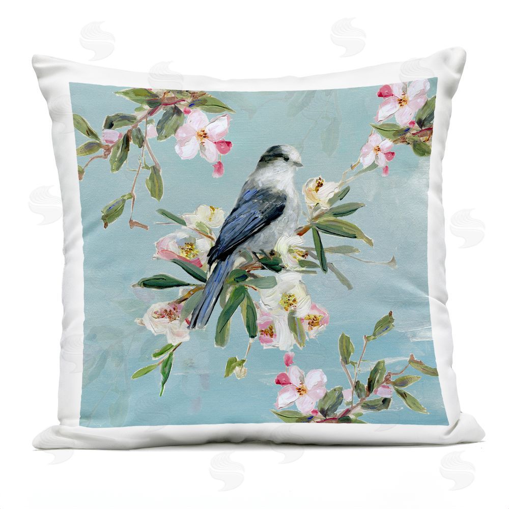 Sally Swatland Pastel Songbird Among Blossoms Outdoor Quick-Dry Polyester Square Throw Pillow