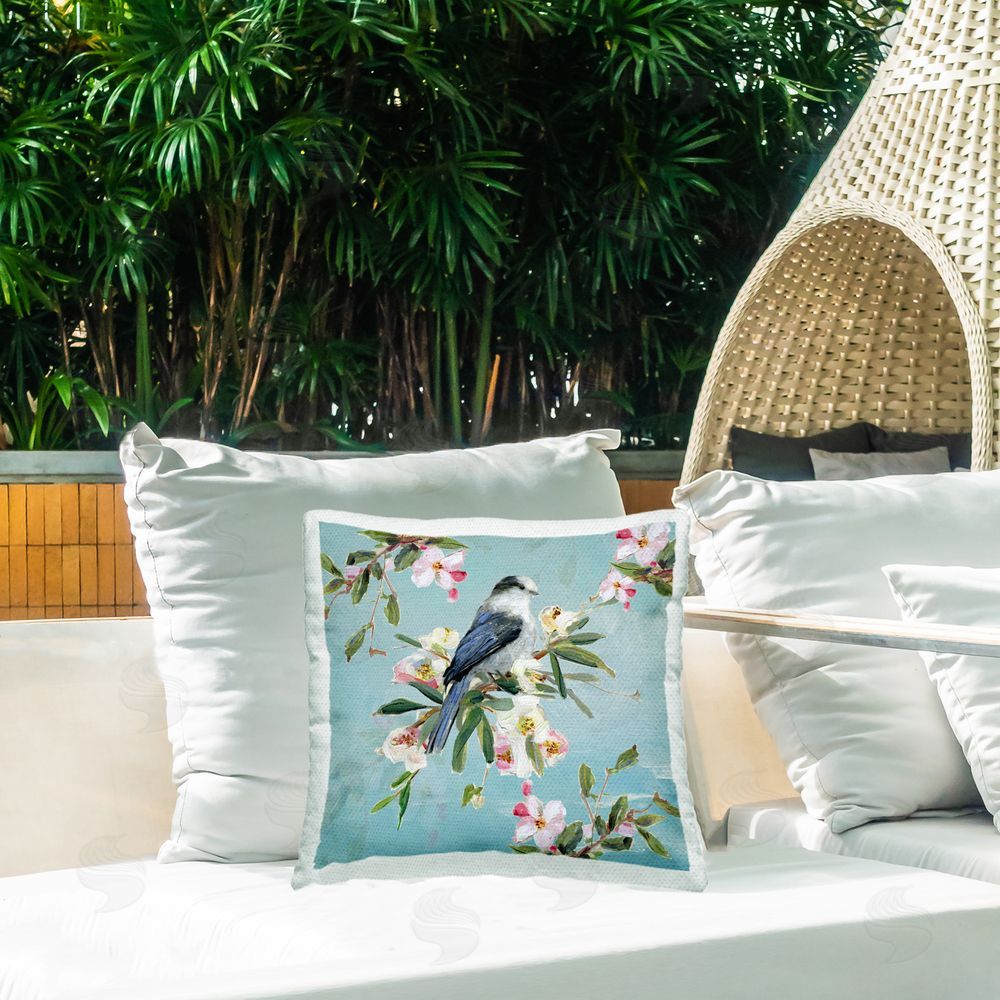 Sally Swatland Pastel Songbird Among Blossoms Outdoor Quick-Dry Polyester Printed Square Pillow on Patio