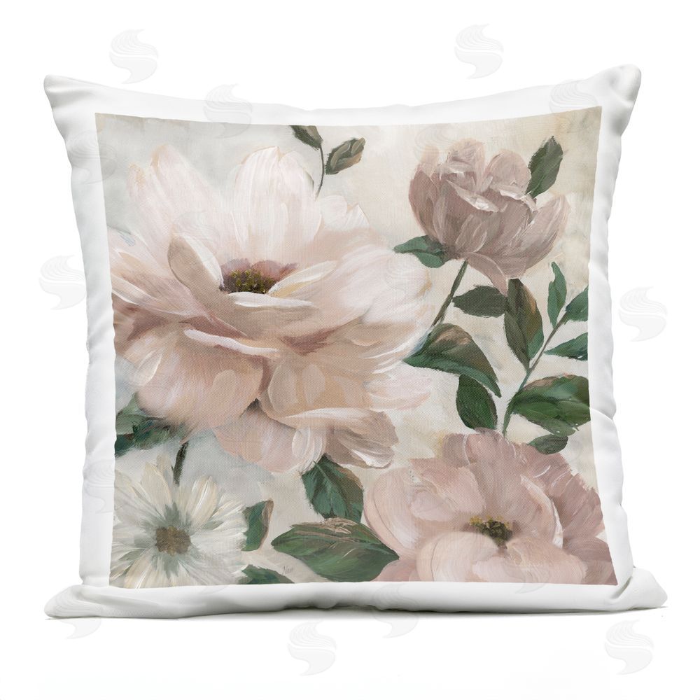 Nan Budding Blush Peonies & Leaves Outdoor Quick-Dry Polyester Square Throw Pillow