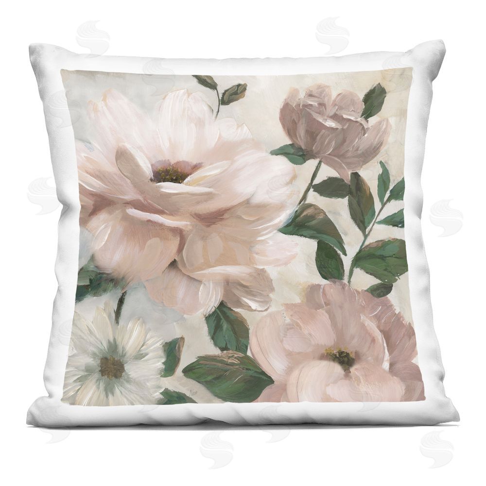 Nan Budding Blush Peonies & Leaves Indoor Plush Polyester Square Throw Pillow