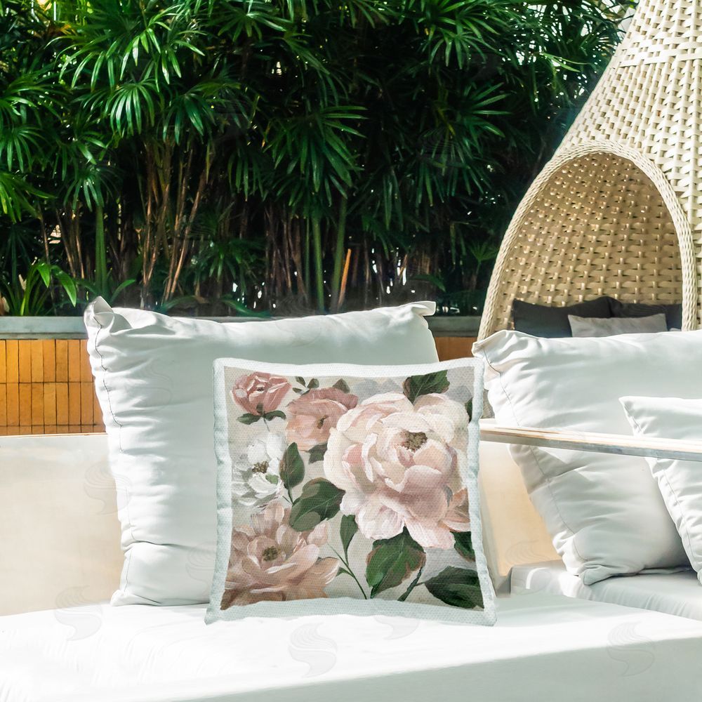 Nan Delicate Blush Peonies with Leaves Outdoor Quick-Dry Polyester Printed Square Pillow on Patio