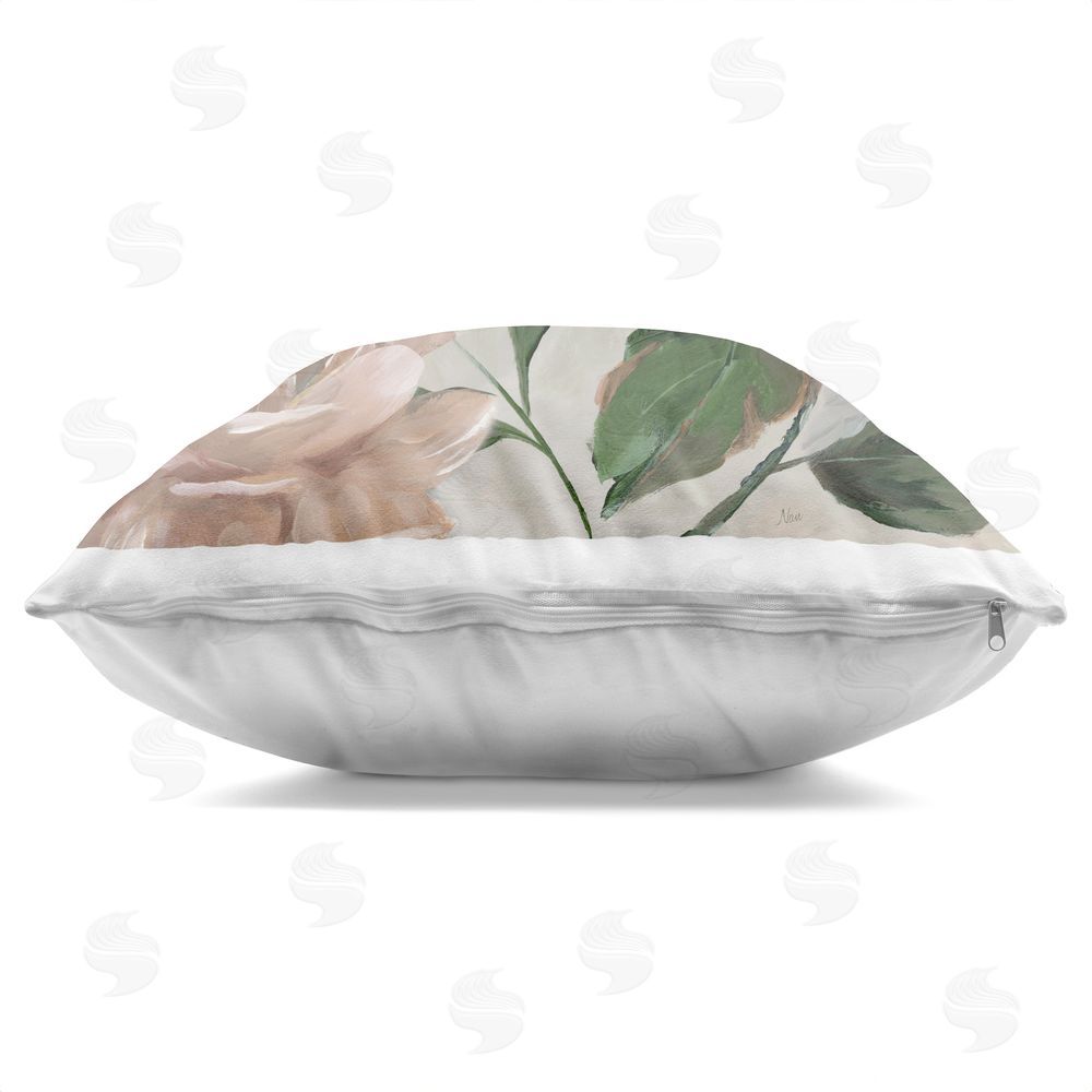 Nan Delicate Blush Peonies with Leaves Indoor Plush Polyester Square Throw Pillow Zipper Detail