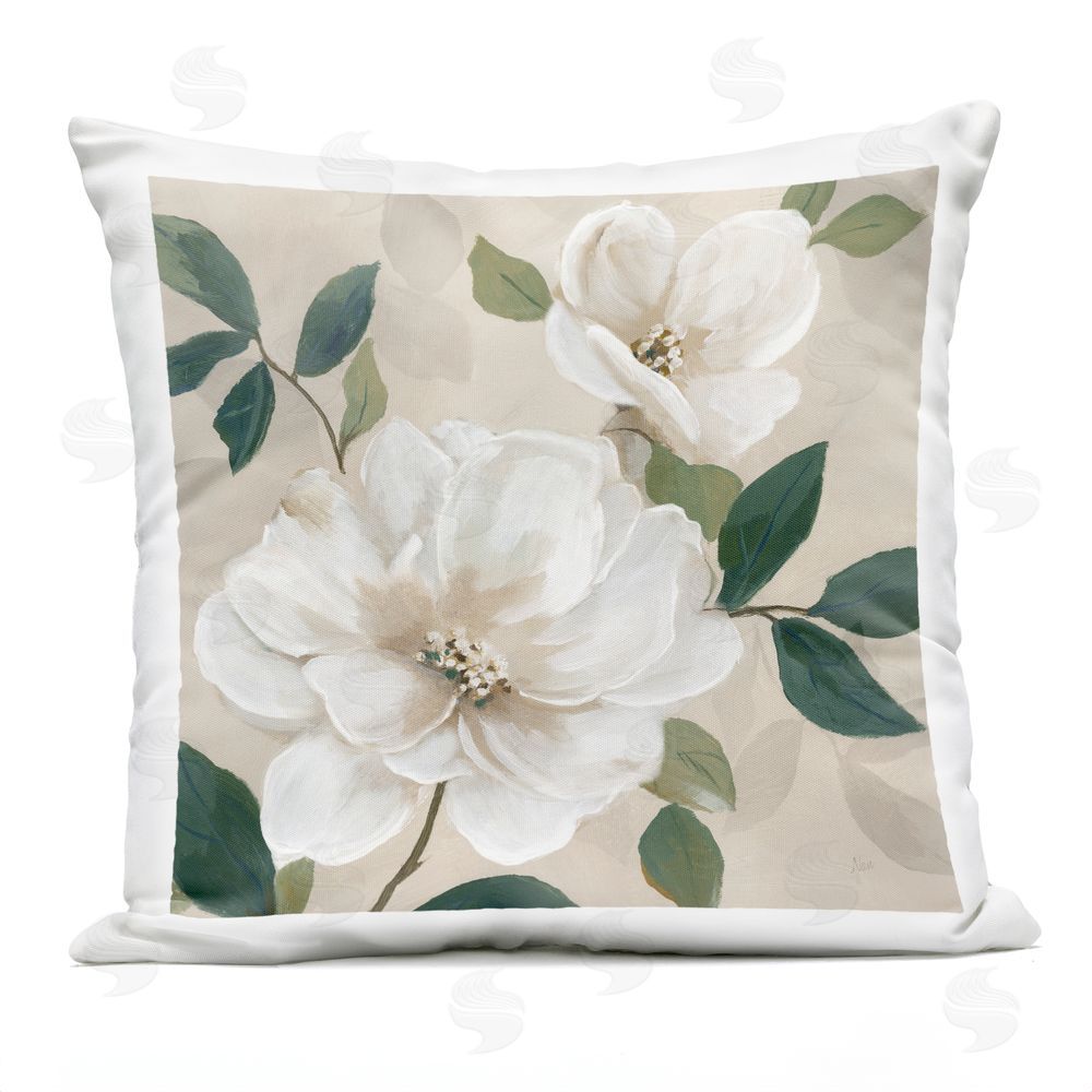 Nan Serene White Magnolia Study Outdoor Quick-Dry Polyester Square Throw Pillow