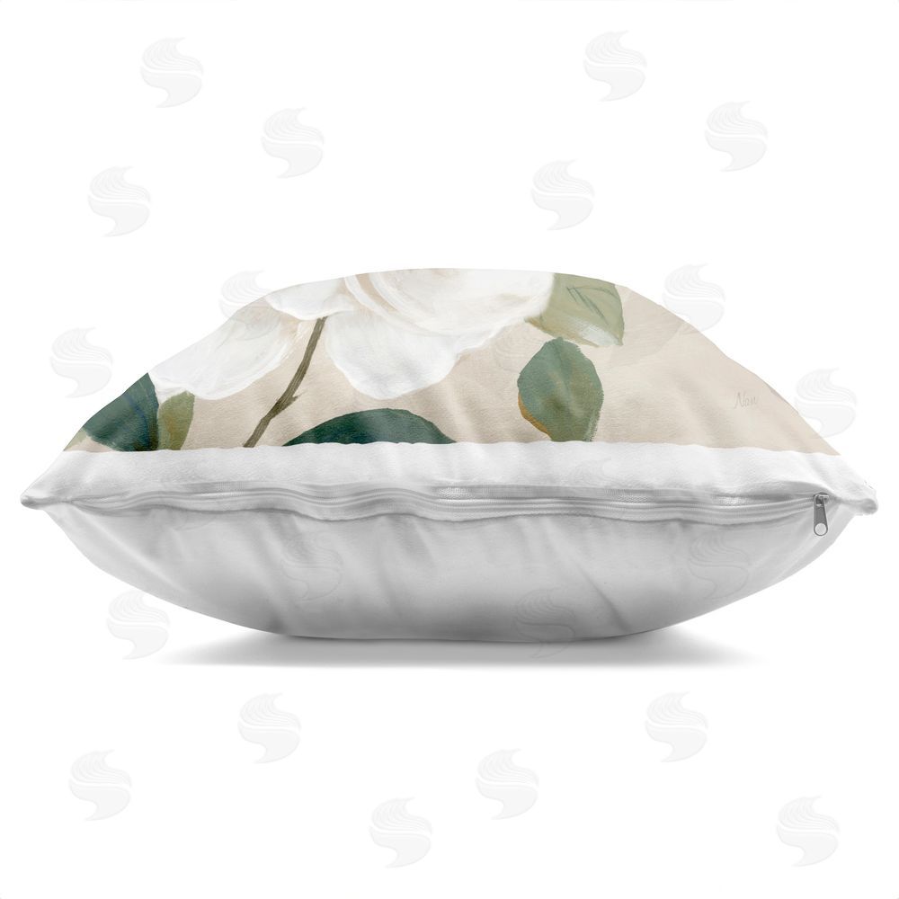 Nan Serene White Magnolia Study Indoor Plush Polyester Square Throw Pillow Zipper Detail