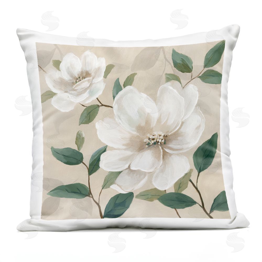 Nan Serene White Blossom with Leaves Outdoor Quick-Dry Polyester Square Throw Pillow