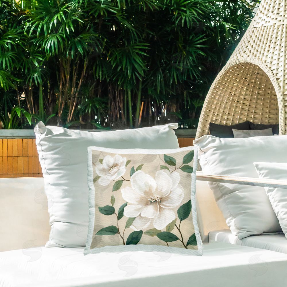 Nan Serene White Blossom with Leaves Outdoor Quick-Dry Polyester Printed Square Pillow on Patio
