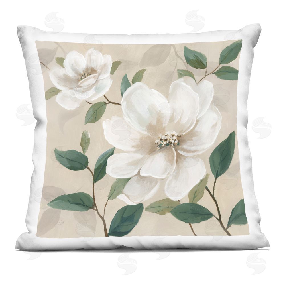 Nan Serene White Blossom with Leaves Indoor Plush Polyester Square Throw Pillow