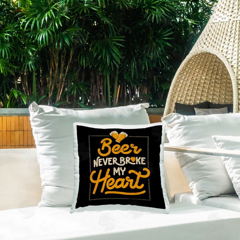 EduEly Designs Beer Never Broke My Heart Outdoor Quick-Dry Polyester Printed Square Pillow on Patio