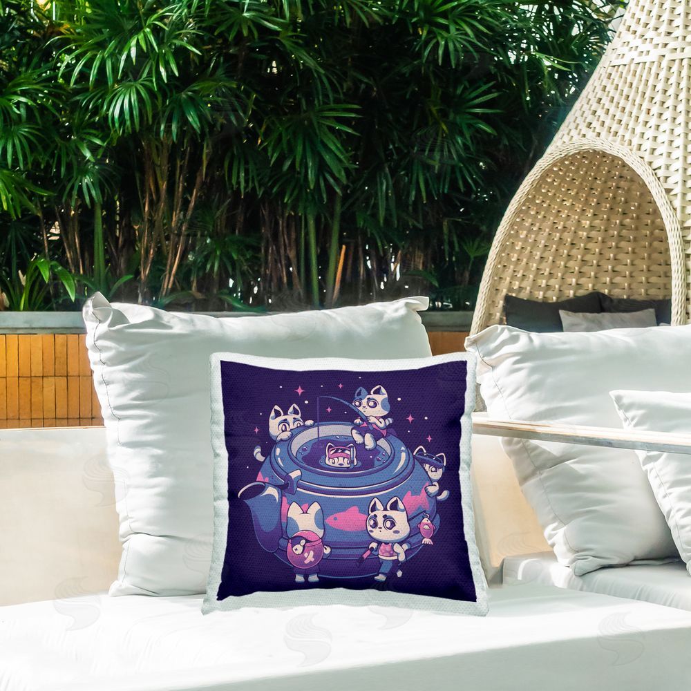 EduEly Designs Teapot Cats Having Fun Outdoor Quick-Dry Polyester Printed Square Pillow on Patio