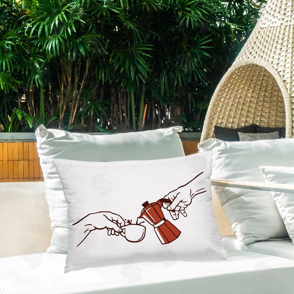 Tobe Fonseca Creation Of Coffee Classic Parody Printed Throw Pillow on Patio