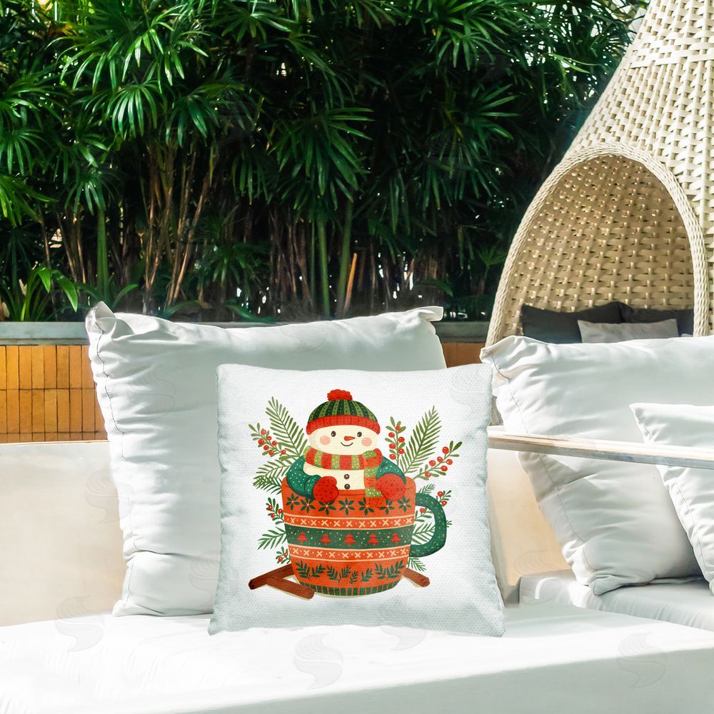 Ziwei Li Snowman in Festive Mug Outdoor Quick-Dry Polyester Printed Square Pillow on Patio