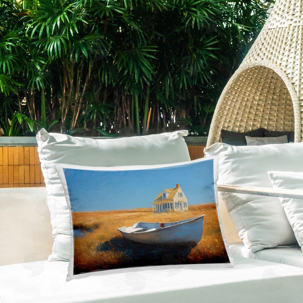 Ziwei Li Seaside Cottage & White Rowboat Outdoor Quick-Dry Polyester Printed Lumbar Pillow on Patio