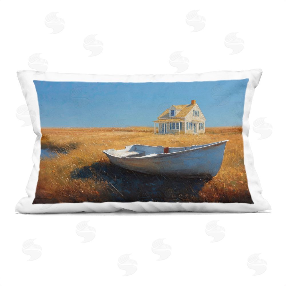 Ziwei Li Seaside Cottage & White Rowboat Indoor Plush Polyester Lumbar Pillow