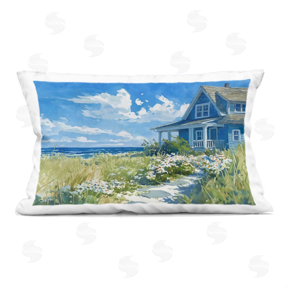 Ziwei Li Seaside Cottage with Daisies Indoor Plush Polyester Lumbar Pillow