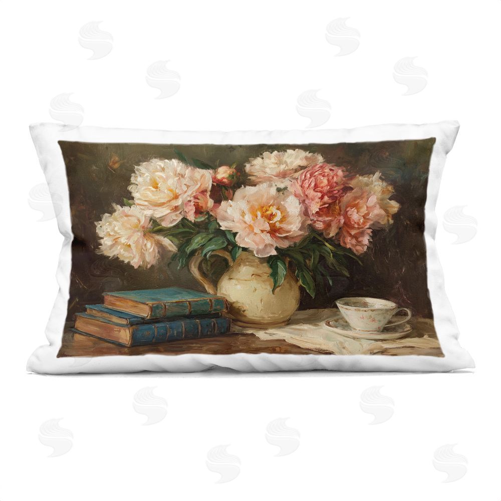 Ziwei Li Peonies Pitcher with Books Indoor Plush Polyester Lumbar Pillow