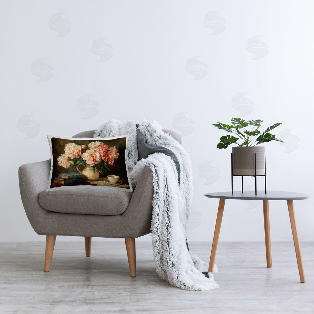 Ziwei Li Peonies Pitcher with Books Plush Polyester Printed Lumbar Pillow on Chair